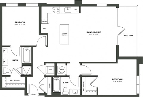 Floor plan for 2 beds, 2 baths, 1179 sqft